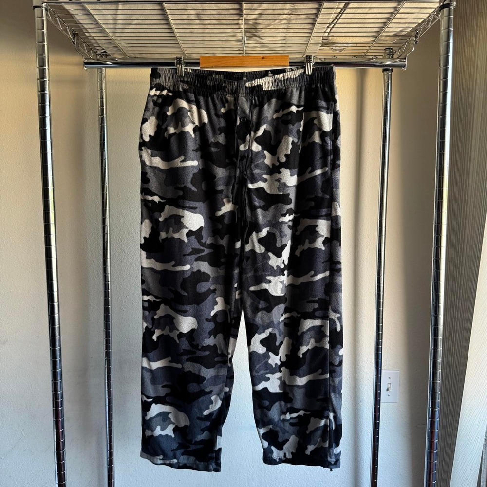 Fruit of the Loom Mens Camo Fleece Pajama Pants Black Grey Camouflage XL